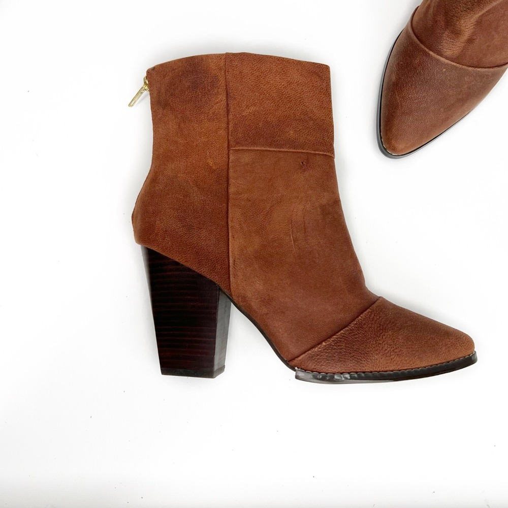 KELSI DAGGER 10 Brown Leather Ankle Boots With Back‎ Zipper & Block Heel